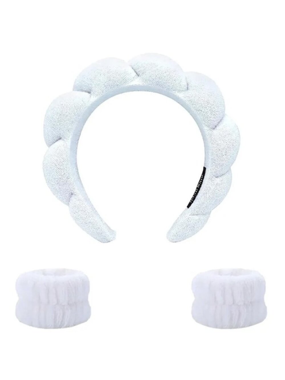 White Puffy Spa Headband & Wrist Wash Band Set Terry Cloth Makeup NEW